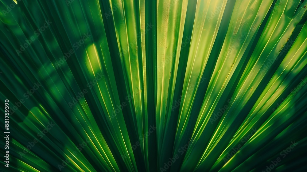 Fototapeta premium Abstract texture background Palm leaf Beautiful light shadow on a large palm leaf Tropical leaf texture Striped palm foliage in rain forest Palm leaves Sun shining on a radiating gre : Generative AI