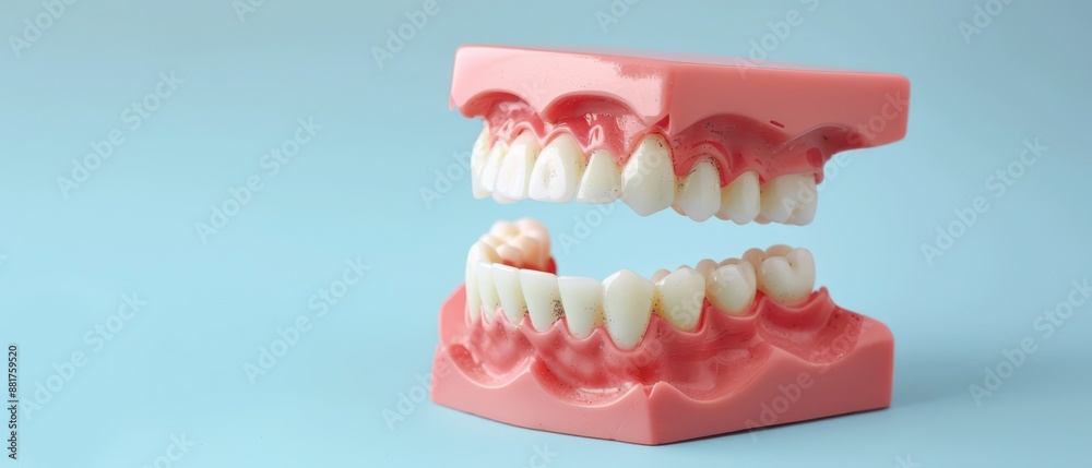 Obraz premium Close Up of Plastic Dental Model With White Teeth on Blue Background