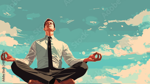 Focused businessman meditating, concentrating on business goals and eliminating distractions