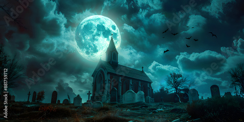 Wallpaper Mural Haunted Church Under Full Moon Spooky Halloween Night with Eerie Clouds, Bats, and Creepy Graveyard Torontodigital.ca