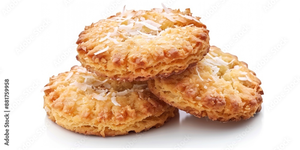 A stack of three cookies covered in coconut flakes, perfect for snacking or decorating A stack of three cookies covered in coconut flakes, perfect for snacking or decorating