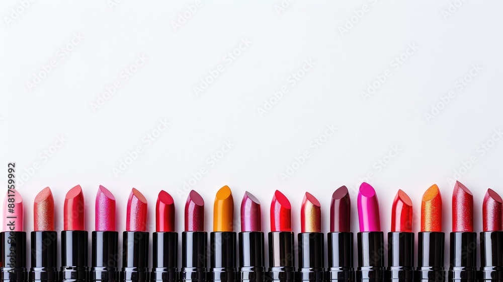 Naklejka premium Colorful lipsticks arranged neatly in row on white background with space for text