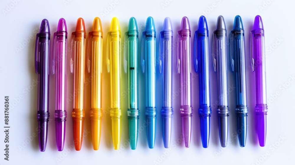 Colored pens arranged in a square on a white surface Colored pens arranged in a square on a white surface