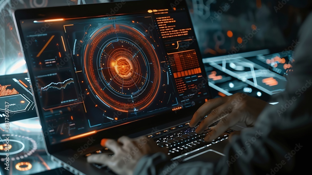 Fototapeta premium AI image creation technology Man use AI software on a laptop to generate images showcasing a futuristic user interface screen with visual prompt Image generated by artificial intellige : Generative AI