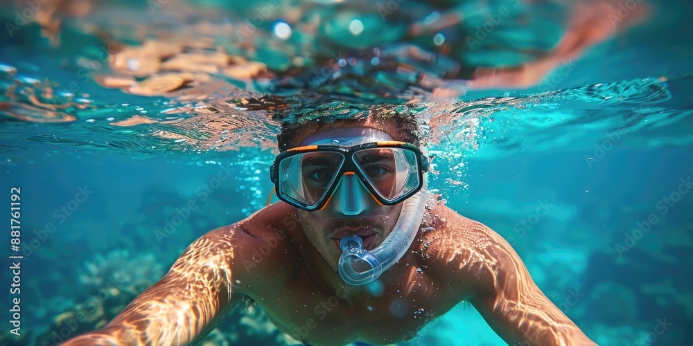 Naklejka premium handsome man snorkeling underwater. ai generated