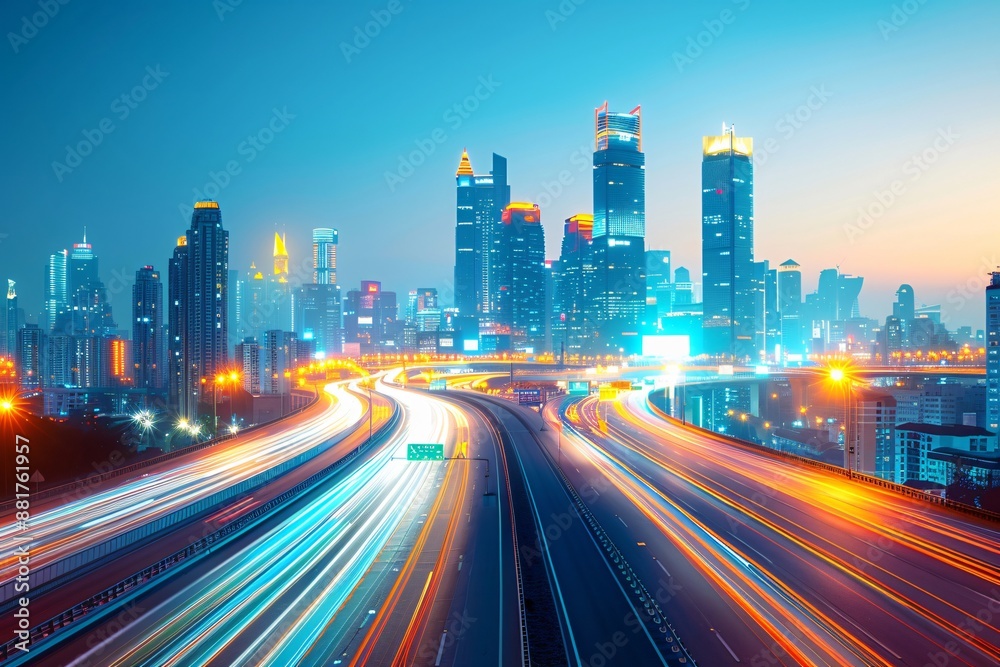 Fototapeta premium an illustration of Highway leading to illuminated modern city at twilight