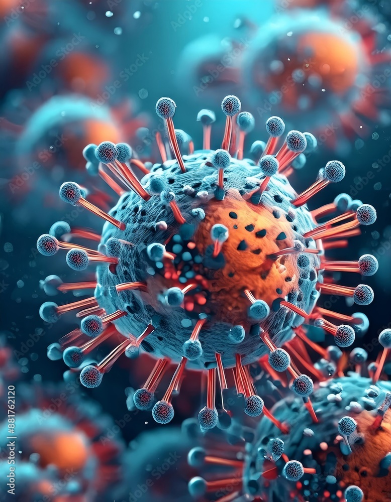 Obraz premium Microscopic enlargement of blue virus - respitory virus outbreak - floating cells in body - virus shaped as covid, influenza, sars, corona, hiv, mers, cholera, variola, measles - disease organisms