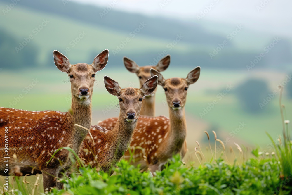 Four curious deer standing in a green field looking at the camera. Four curious deer standing in a green field looking at the camera.