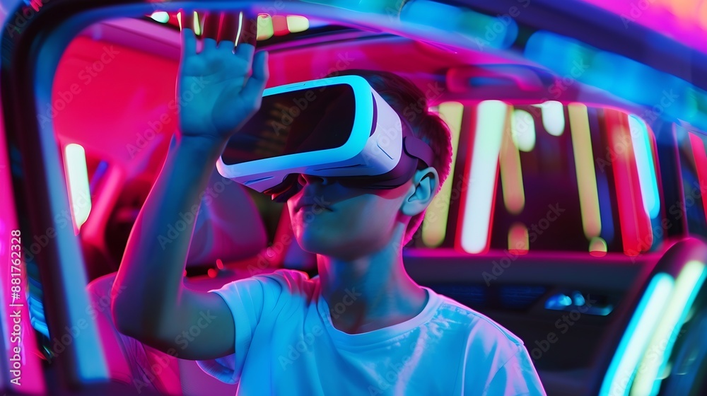 Smart man wear virtual goggle while move driving car hand gesture Caucasian teenager using futuristic digital technology to enter virtual world while standing at colorful neon backgrou : Generative AI