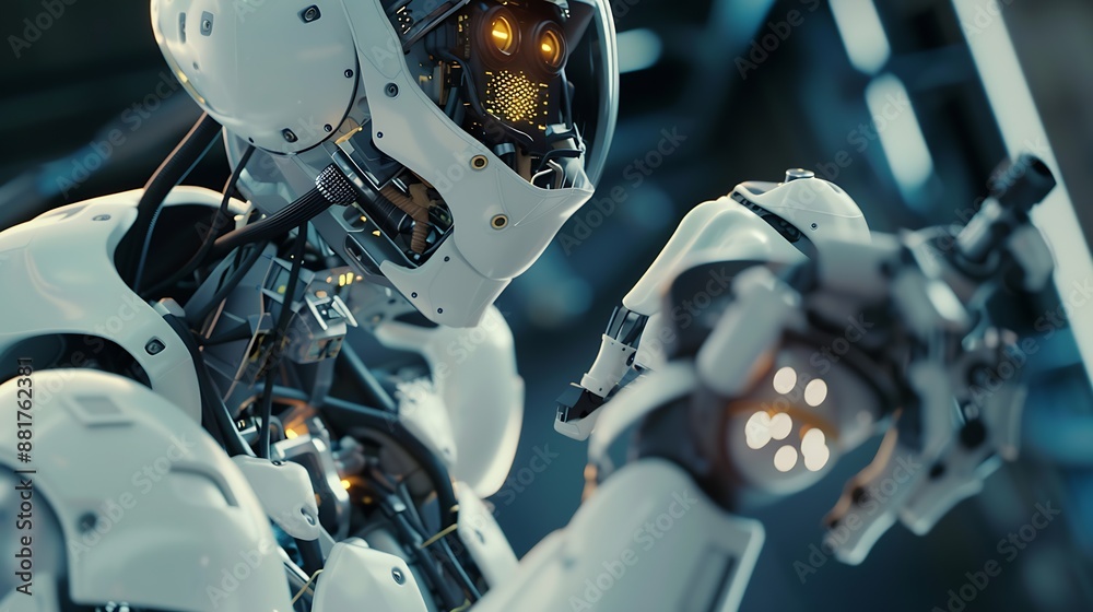 Fototapeta premium Man using tools AI technology smart robot science and artificial intelligence technology and innovation futuristic and global connection for providing access to information and data on : Generative AI