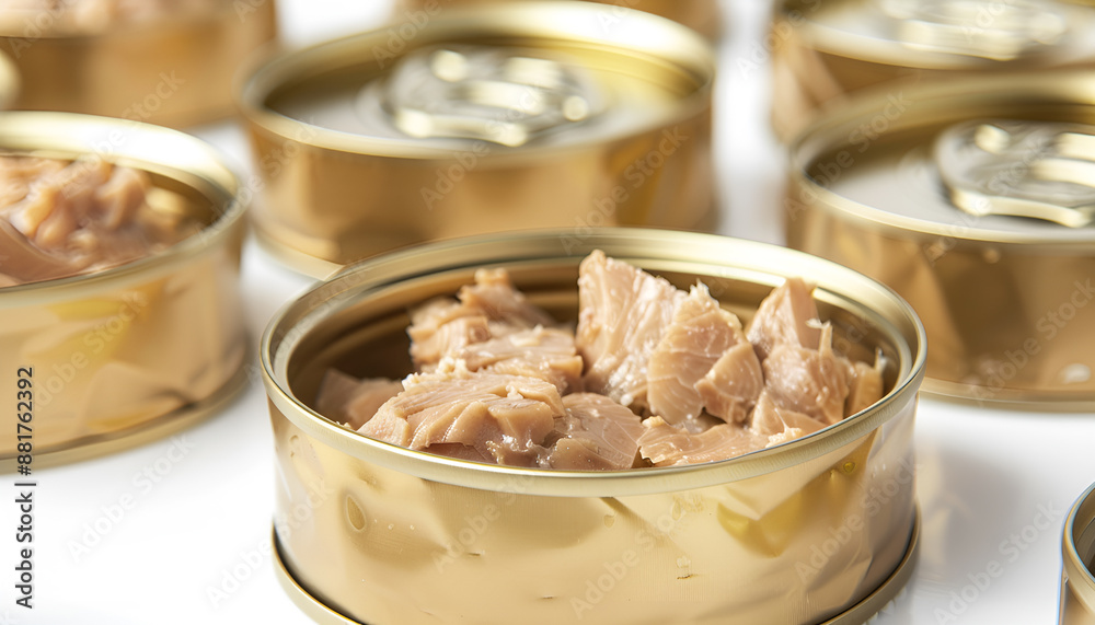 Collage with pieces of canned tuna on white background Collage with pieces of canned tuna on white background