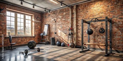 Loft style gym featuring an old brick wall adorned with various sports equipment, brick wall, loft style, gym