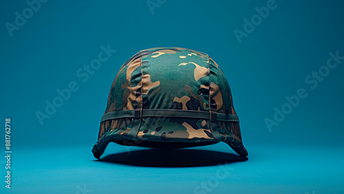 Camouflage Helmet on Blue Background. Military Gear, Soldier Protection, Wartime Symbol.