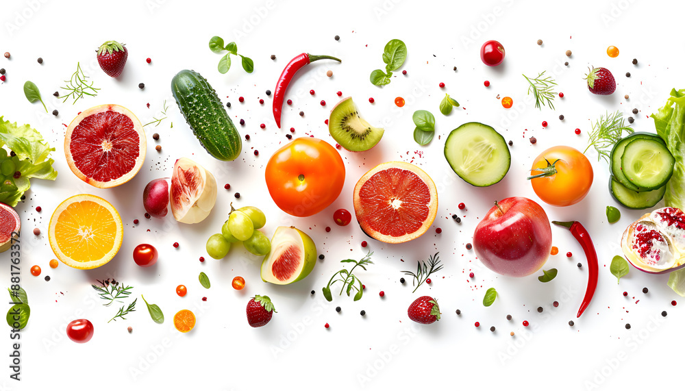 Different fresh fruits and vegetables in air on white background Different fresh fruits and vegetables in air on white background