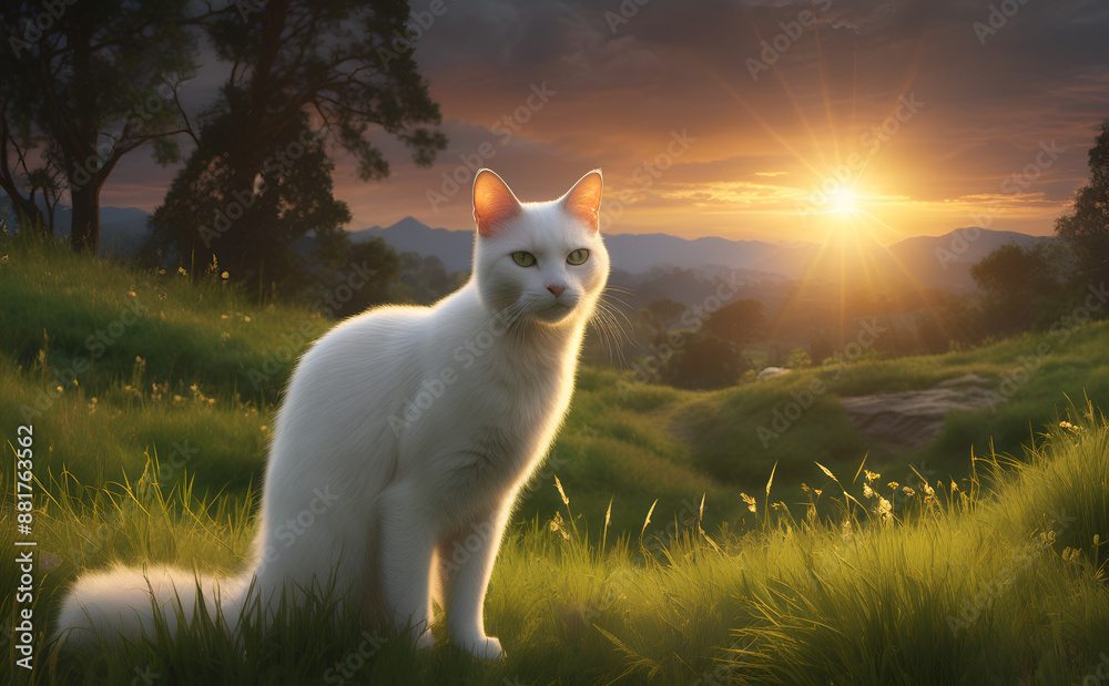 Obraz premium white cat resting on green pasture grass on summer Pet, White cat standing on green grass.