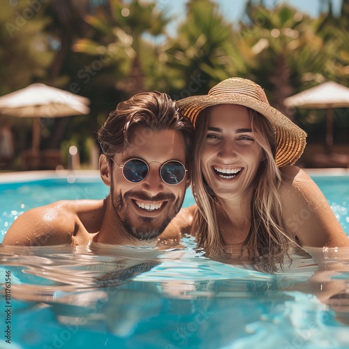 Family relaxing in the pool. Generative AI