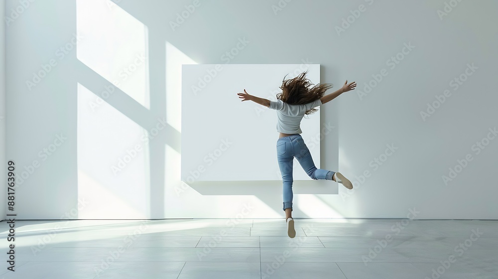 Photo of girl jumping in modern gallery and looking at the blank white canvas Horizontal mockup : Generative AI Photo of girl jumping in modern gallery and looking at the blank white canvas Horizontal mockup : Generative AI