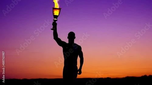 Athlete running with burning Olympic torch Olympics golden torch with fire flame moving. Athlete holding Olympic fire. Sport 4k video silhouette photo