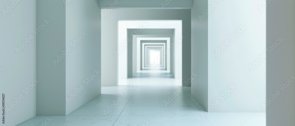 Perspective of a White Hallway With Receding Doors Leading to Light
