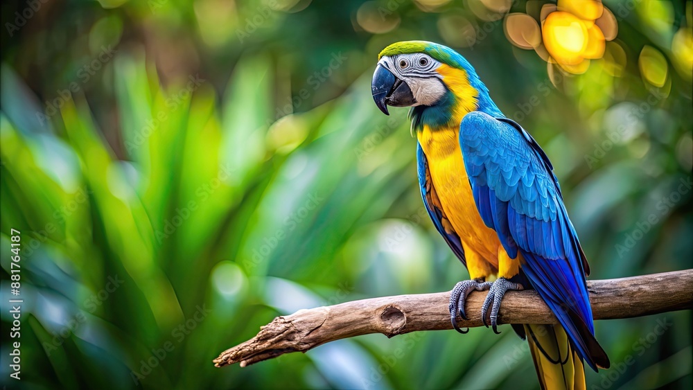 Vibrant blue and yellow macaw perched on a branch, tropical, colorful, bird, feathers, exotic, wildlife Vibrant blue and yellow macaw perched on a branch, tropical, colorful, bird, feathers, exotic, wildlife