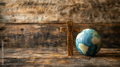 Christian cross and earth globe on wooden floor conceptual image of world religion and faith. Generative AI illustration 