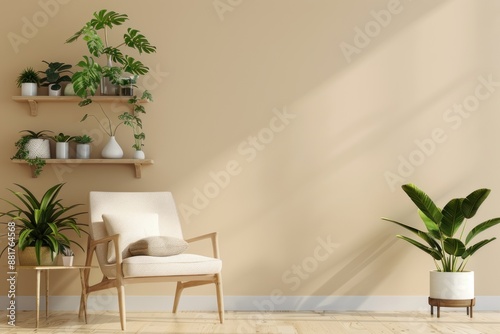 Beige wall background with wooden shelf, armchair and plants.