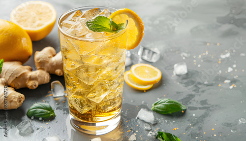 Glass of tasty ginger ale with ice cubes and ingredients on grey table