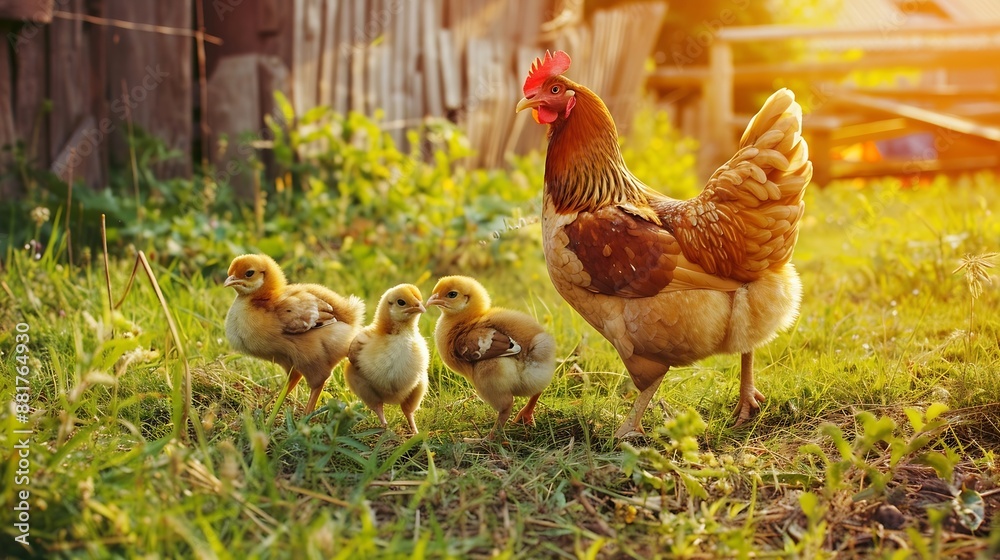 Fototapeta premium Mother hen with chickens in a rural yard Chickens in a grass in the village against sun photos Gallus gallus domesticus Poultry organic farmSustainable economyNatural farmingFree range : Generative AI
