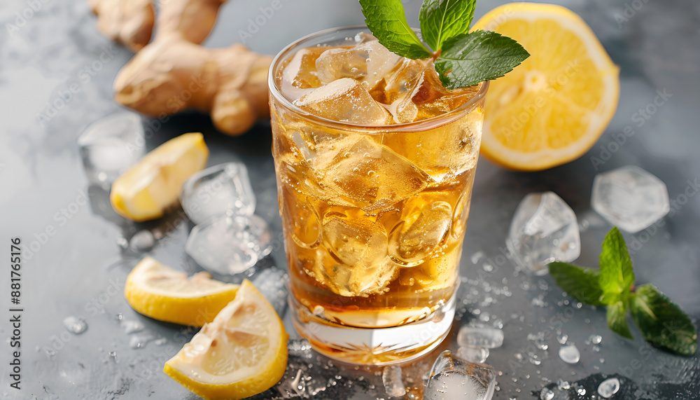Glass of tasty ginger ale with ice cubes and ingredients on grey table Glass of tasty ginger ale with ice cubes and ingredients on grey table