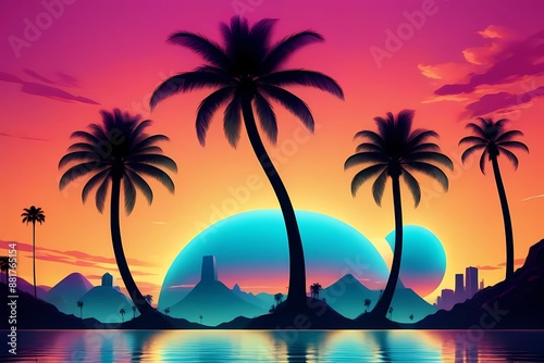 palm trees on the beach sunset rays awesome retro 80s sci fi style. Summer time