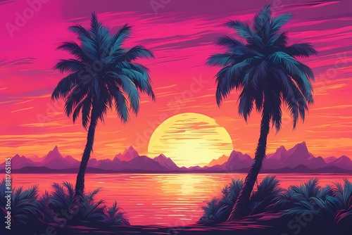 sunset on the beach, palm trees on the beach sunset rays awesome retro 80s sci fi style. Summer time
