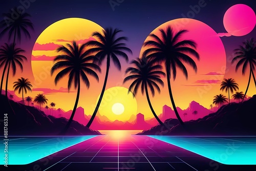 tropical sunset with trees, palm trees on sunset rays beach 80s retro sci-fi style