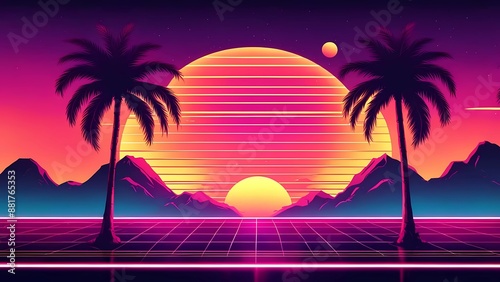 Two palm trees in the sunset 80s retro sci-fi style.