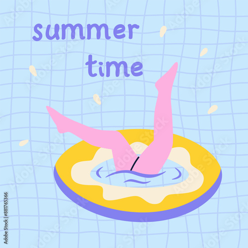 Human dive inflatable donut in the pool. Summer party illustration for poster, card, background, discount flyer.