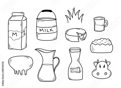 Hand drawn dairy product set. Doodle milk elements. Cheese, jar, curd, cup, bucket, udder