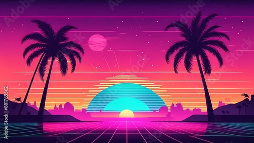 Two palm trees and sand beach under sunset 80s retro sci-fi style. Summer time