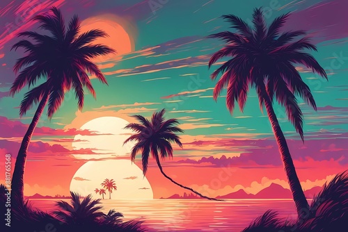 Two palm trees and sand beach under sunset 80s retro sci-fi style. Summer time. Retro wave futuristic sun. Design for advertising brochure, banner, poster, travel agency