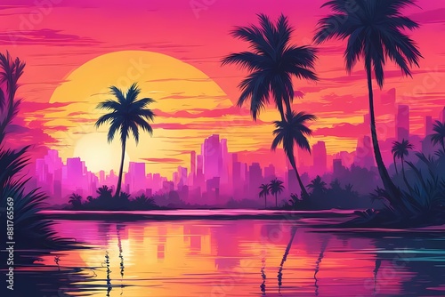 Two palm trees and a sand beach under an awesome 80s retro sci-fi style sunset. Summer time