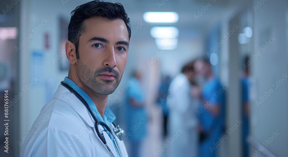Fototapeta premium Medico con lo stetoscopio al collo in una corsia d'ospedale.