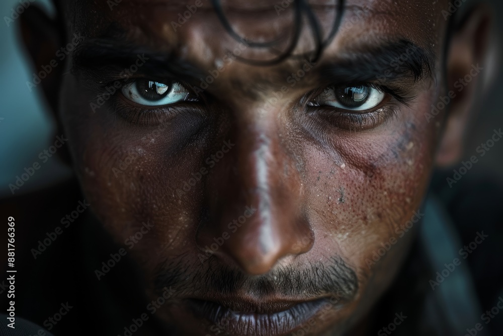 A man stares intensely into the camera with dark, bright eyes A man stares intensely into the camera with dark, bright eyes