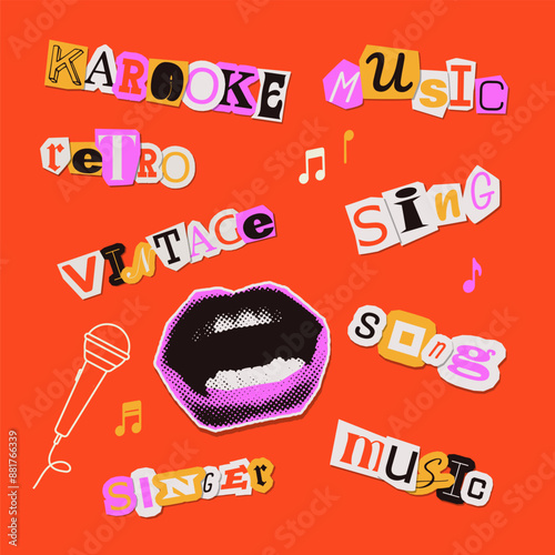 Set of colorful words cut from newspapers, magazines, and paper om music theme - karaoke, sing, song, singer. Trendy elements for collage and clip art. Vector cutouts isolated