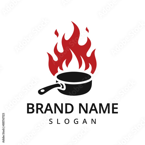 Cook logo of rustic old skillet cast iron with fire for traditional food restaurant kitchen logo design