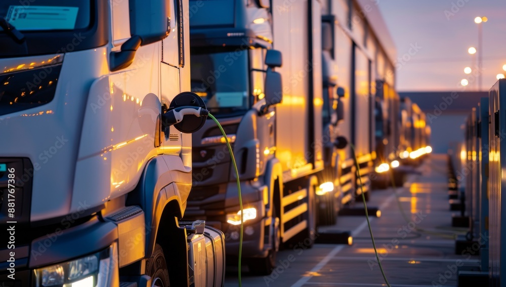 A row of electric powered ev trucks charging at an industrial outdoor facility. Ev logistic trailer truck or electric vehicle lorry at charging station A row of electric powered ev trucks charging at an industrial outdoor facility. Ev logistic trailer truck or electric vehicle lorry at charging station