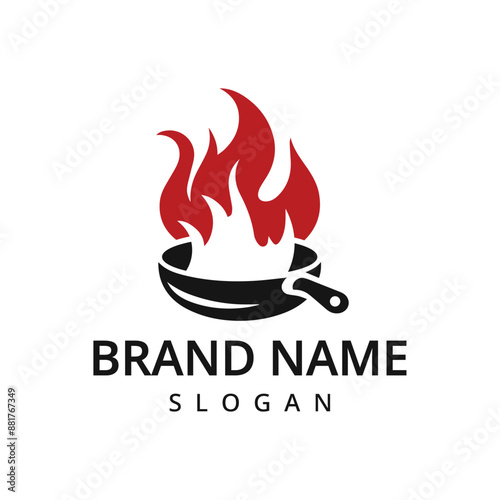 Cook logo of rustic old skillet cast iron with fire for traditional food restaurant kitchen logo design