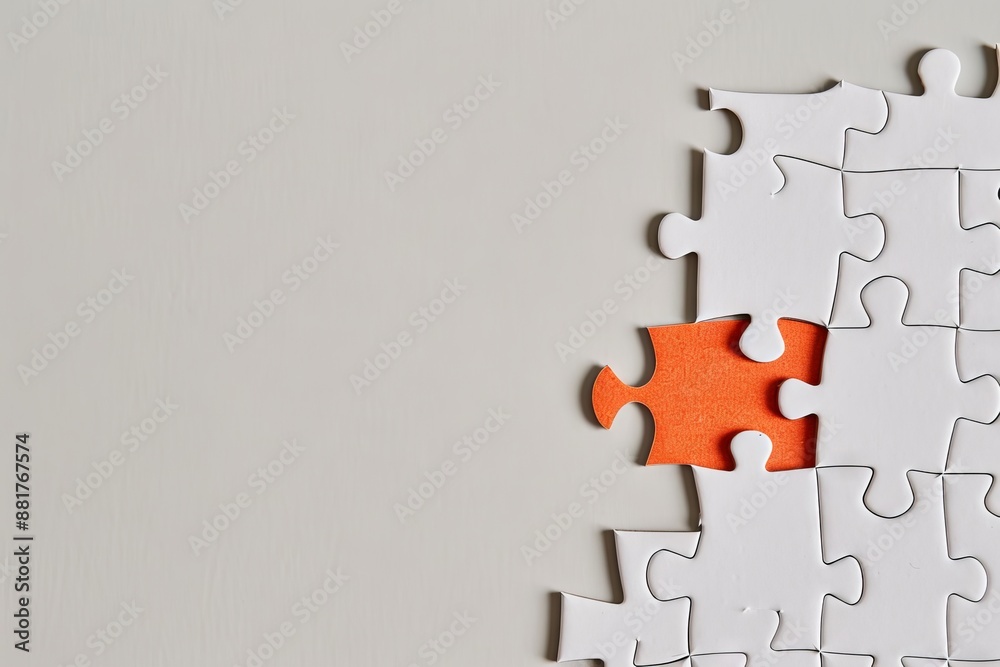 Obraz premium Jigsaw puzzle with an orange piece on a solid background, symbolizing successful job candidate the confidence. Standing out from the crowd. Copy space for text