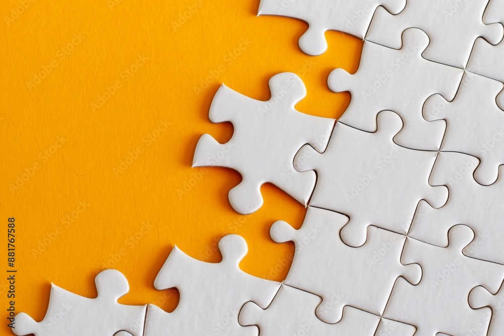 Obraz premium Jigsaw puzzle with an orange piece on a solid background, symbolizing successful job candidate the confidence. Standing out from the crowd. Copy space for text