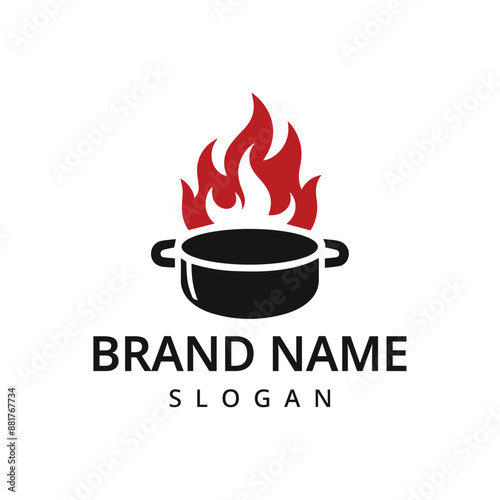 Cook logo of rustic old skillet cast iron with fire for traditional food restaurant kitchen logo design