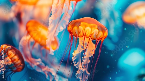 Fluorescent orangecolored jellyfish are swimming inside the aquarium : Generative AI photo