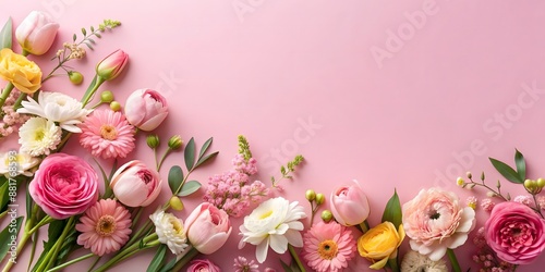 flowers on light pink background top view in flat lay style