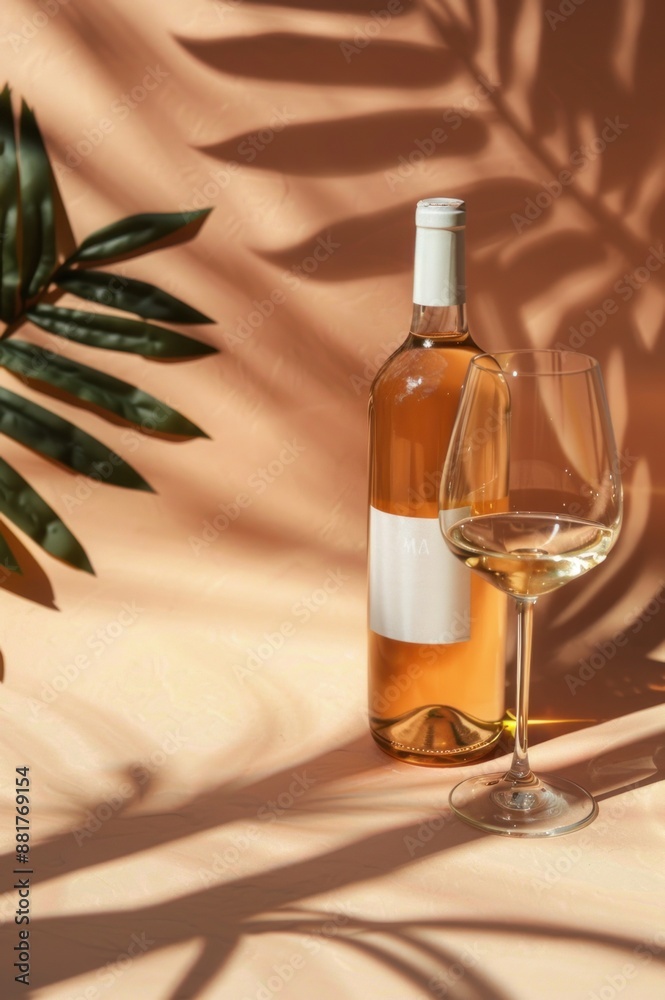 Minimalistic mockup, pastel orange background with sun shadow, white wine bottle. Minimalistic mockup, pastel orange background with sun shadow, white wine bottle.